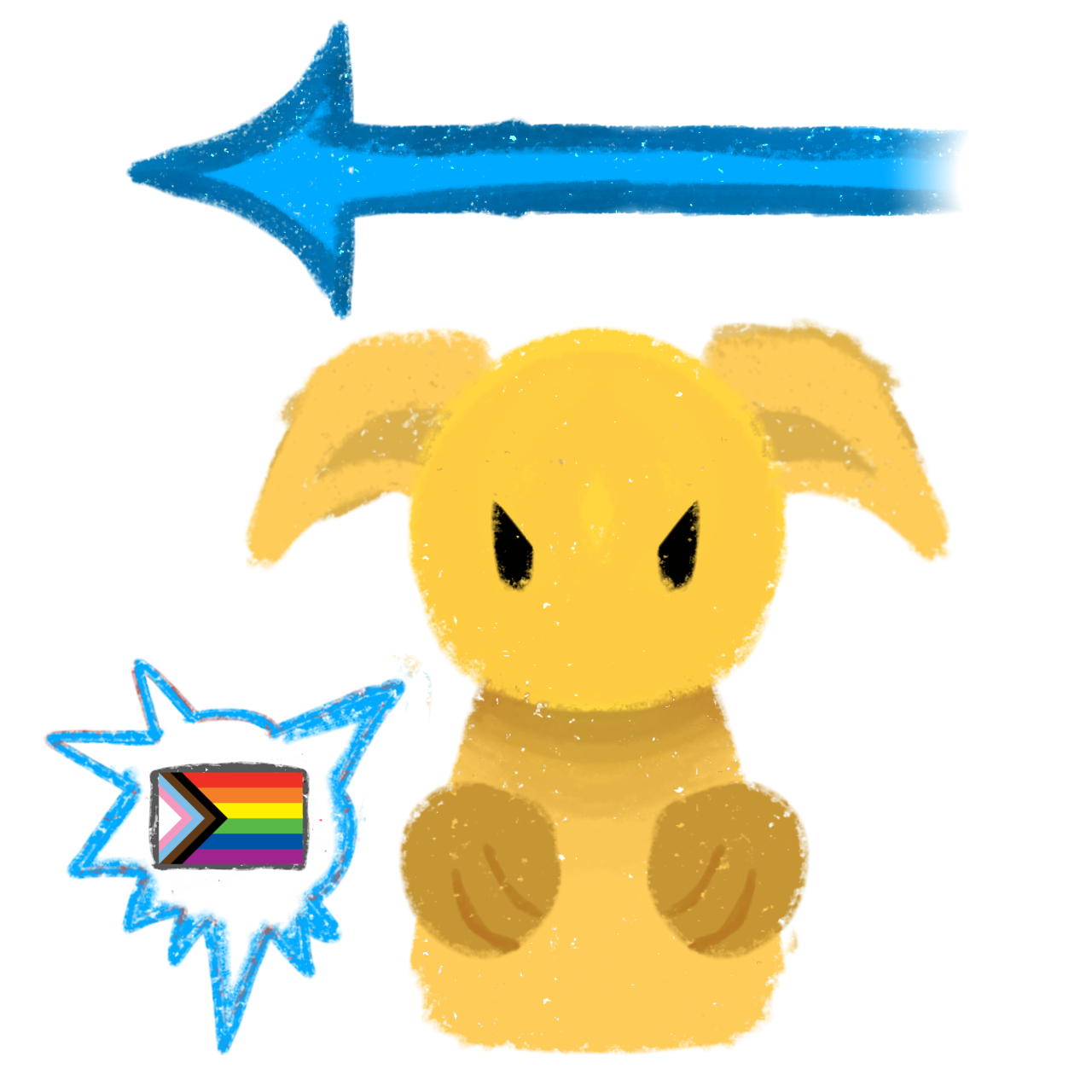 a yellow cat like creature with floppy ears, they look disgruntled and have a spiky speech bubble on the left with a progress pride flag on the inside. above them there is a blue arrow pointing to the left.